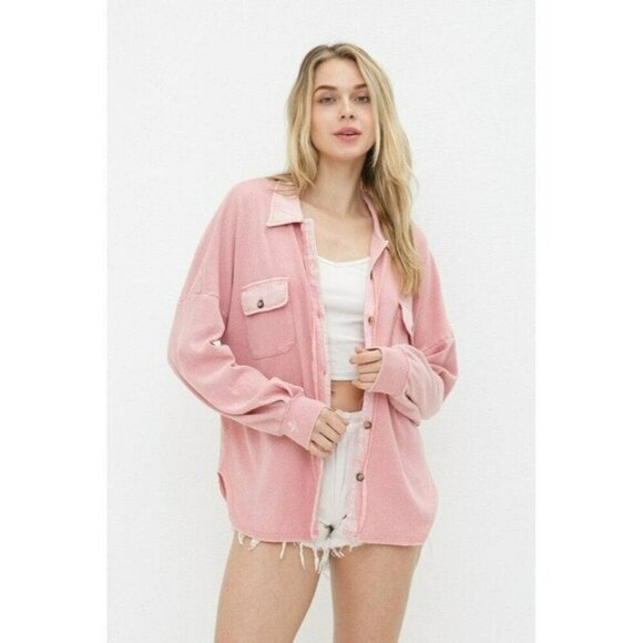 Not Your Boyfriend's Textured Knit Shirt Jacket in Rose - Picture 2 of 4
